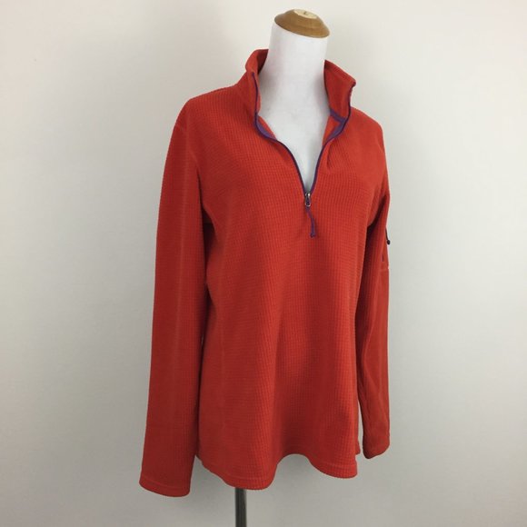 ORVIS Trout Bum Red/Orange'ish Zip Pocket Sleeve Purple Trim Fleece Jacket - Picture 4 of 8